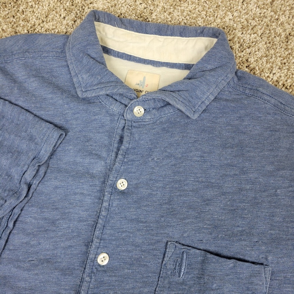 Johnnie O Hangin Out Mens Medium Solid Blue Stretch Knit Button Up Short Sleeve